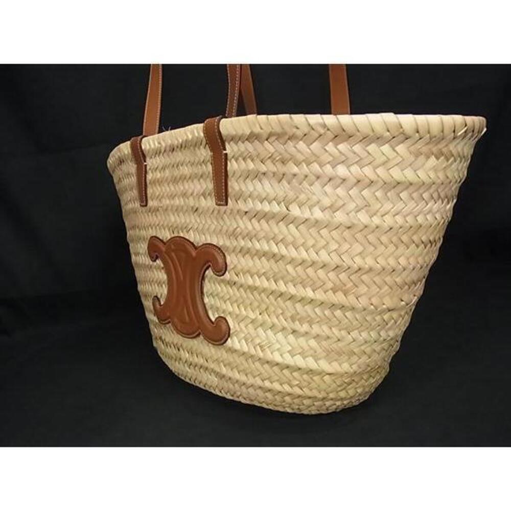 CELINE Triomphe Panier Raffia Leather Tote Bag Shoulder Brown - Picture 3 of 7